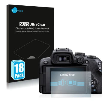 Vorderseite einer Produktverpackung mit dem Markenlogo Savvies. Daneben ist das Gerät Canon EOS R10 mit dem zugehörigen Displa