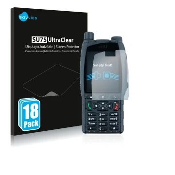 Vorderseite einer Produktverpackung mit dem Markenlogo Savvies. Daneben ist das Gerät Sepura SC21 mit dem zugehörigen Displays