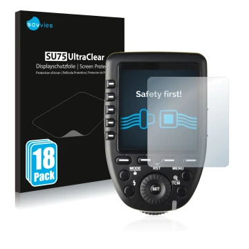 Vorderseite einer Produktverpackung mit dem Markenlogo Savvies. Daneben ist das Gerät Godox XPro mit dem zugehörigen Displaysc