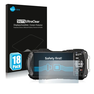 Vorderseite einer Produktverpackung mit dem Markenlogo Savvies. Daneben ist das Gerät Ricoh WG-80 mit dem zugehörigen Displays