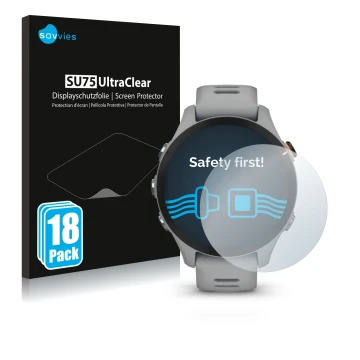 Vorderseite einer Produktverpackung mit dem Markenlogo Savvies. Daneben ist das Gerät Garmin Forerunner 255S mit dem zugehörig
