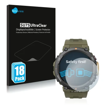 Vorderseite einer Produktverpackung mit dem Markenlogo Savvies. Daneben ist das Gerät Huami Amazfit T-Rex 2 mit dem zugehörige