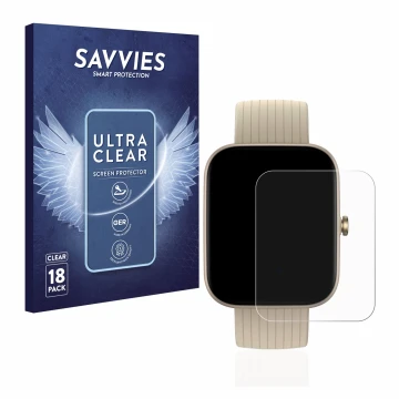 Vorderseite einer Produktverpackung mit dem Markenlogo Savvies. Daneben ist das Gerät Huami Amazfit Bip 3 Pro mit dem zugehöri