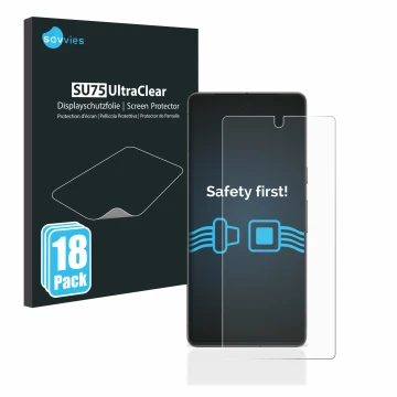 Vorderseite einer Produktverpackung mit dem Markenlogo Savvies. Daneben ist das Gerät Google Pixel 7 mit dem zugehörigen Displ