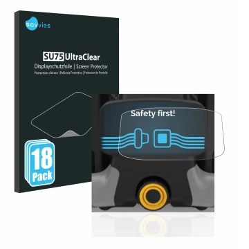 Vorderseite einer Produktverpackung mit dem Markenlogo Savvies. Daneben ist das Gerät PowaKaddy CT8 mit dem zugehörigen Displa