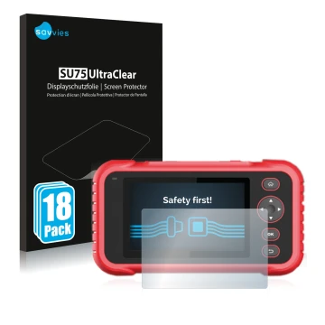 Vorderseite einer Produktverpackung mit dem Markenlogo Savvies. Daneben ist das Gerät Launch CRP 123 / 129 EVO mit dem zugehör