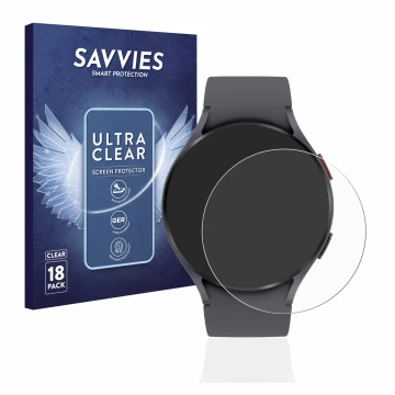 Vorderseite einer Produktverpackung mit dem Markenlogo Savvies. Daneben ist das Gerät Samsung Galaxy Watch 5 (44mm) mit dem zu