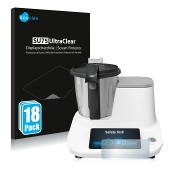 Vorderseite einer Produktverpackung mit dem Markenlogo Savvies. Daneben ist das Gerät Moulinex Click&Cook HF5061 mit dem zugeh