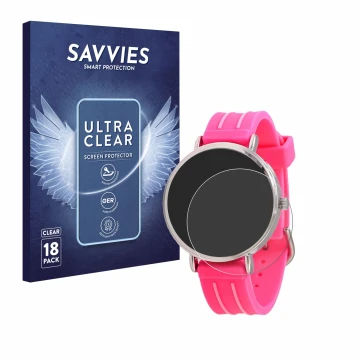 Vorderseite einer Produktverpackung mit dem Markenlogo Savvies. Daneben ist das Gerät Kiddus Children's Learning Watch mit dem
