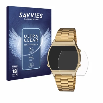 Vorderseite einer Produktverpackung mit dem Markenlogo Savvies. Daneben ist das Gerät Casio Retro B640WB mit dem zugehörigen D