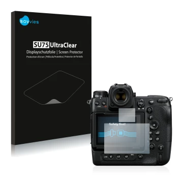 Vorderseite einer Produktverpackung mit dem Markenlogo Savvies. Daneben ist das Gerät Nikon Z 9 (Display + Schulterdisplay) mi