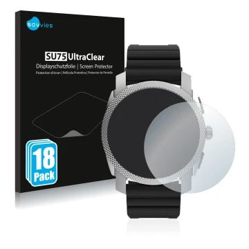 Vorderseite einer Produktverpackung mit dem Markenlogo Savvies. Daneben ist das Gerät Fossil Gen 6 Hybrid Machine (45mm) mit d