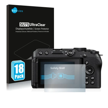 Vorderseite einer Produktverpackung mit dem Markenlogo Savvies. Daneben ist das Gerät Nikon Z 30 mit dem zugehörigen Displaysc