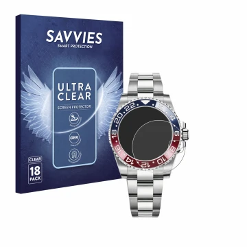 Vorderseite einer Produktverpackung mit dem Markenlogo Savvies. Daneben ist das Gerät Rolex GMT-Master II mit dem zugehörigen 