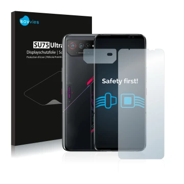 Vorderseite einer Produktverpackung mit dem Markenlogo Savvies. Daneben ist das Gerät ASUS ROG Phone 6 (Display+Kamera) mit de