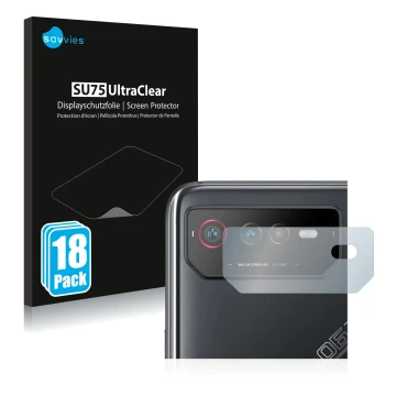 Vorderseite einer Produktverpackung mit dem Markenlogo Savvies. Daneben ist das Gerät ASUS ROG Phone 6 (NUR Kameraschutz) mit 