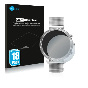 Vorderseite einer Produktverpackung mit dem Markenlogo Savvies. Daneben ist das Gerät Fossil Stella (6. Gen) mit dem zugehörig