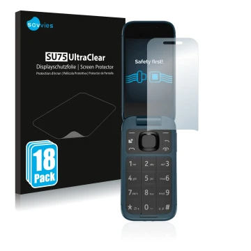 Vorderseite einer Produktverpackung mit dem Markenlogo Savvies. Daneben ist das Gerät Nokia 2660 Flip mit dem zugehörigen Disp