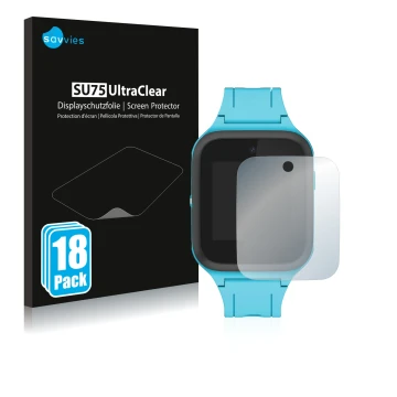 Vorderseite einer Produktverpackung mit dem Markenlogo Savvies. Daneben ist das Gerät TCL Movetime Family Watch MT40 mit dem z