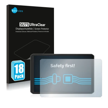 Vorderseite einer Produktverpackung mit dem Markenlogo Savvies. Daneben ist das Gerät Garmin dezl LGV810 mit dem zugehörigen D