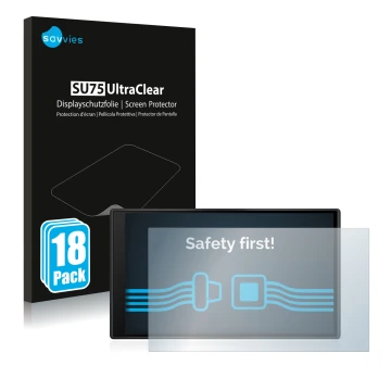 Vorderseite einer Produktverpackung mit dem Markenlogo Savvies. Daneben ist das Gerät Garmin dezl LGV610 mit dem zugehörigen D