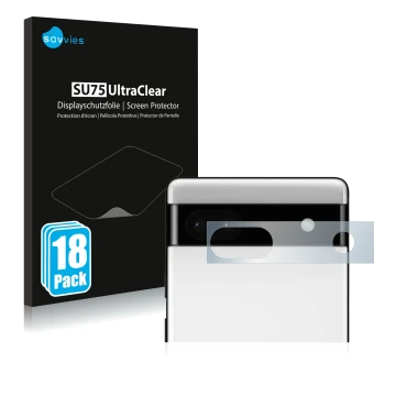 Vorderseite einer Produktverpackung mit dem Markenlogo Savvies. Daneben ist das Gerät Google Pixel 6a (NUR Kameraschutz) mit d