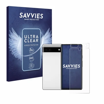 Vorderseite einer Produktverpackung mit dem Markenlogo Savvies. Daneben ist das Gerät Google Pixel 6a (Display+Kamera) mit dem