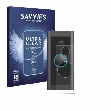 Vorderseite einer Produktverpackung mit dem Markenlogo Savvies. Daneben ist das Gerät Ring Video Doorbell Wired mit dem zugehö