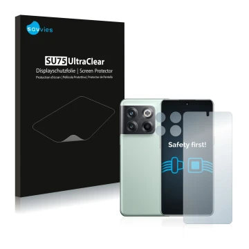 Vorderseite einer Produktverpackung mit dem Markenlogo Savvies. Daneben ist das Gerät OnePlus 10T 5G (Display+Kamera) mit dem 