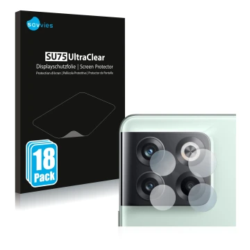 Vorderseite einer Produktverpackung mit dem Markenlogo Savvies. Daneben ist das Gerät OnePlus 10T 5G (NUR Kameraschutz) mit de