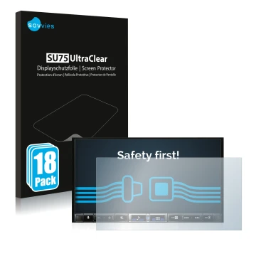 Vorderseite einer Produktverpackung mit dem Markenlogo Savvies. Daneben ist das Gerät Alpine iLX-705D mit dem zugehörigen Disp