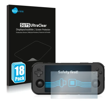 Vorderseite einer Produktverpackung mit dem Markenlogo Savvies. Daneben ist das Gerät Retroid Pocket 3 mit dem zugehörigen Dis