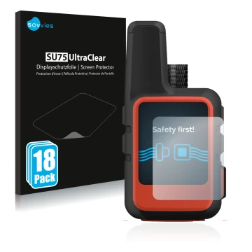 Vorderseite einer Produktverpackung mit dem Markenlogo Savvies. Daneben ist das Gerät Garmin inReach Mini 2 mit dem zugehörige