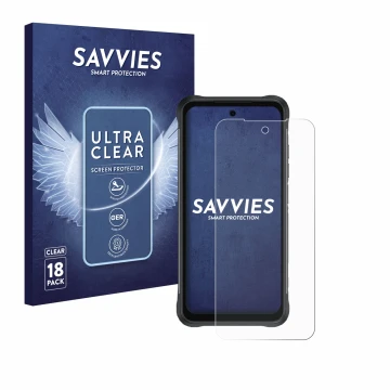 Vorderseite einer Produktverpackung mit dem Markenlogo Savvies. Daneben ist das Gerät Umidigi Bison 2 mit dem zugehörigen Disp