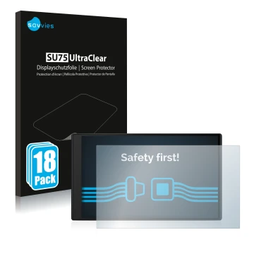 Vorderseite einer Produktverpackung mit dem Markenlogo Savvies. Daneben ist das Gerät Garmin Camper 795 mit dem zugehörigen Di
