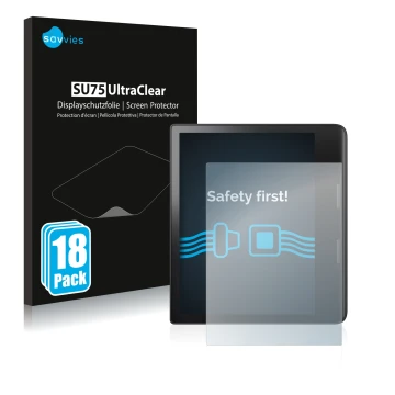 Vorderseite einer Produktverpackung mit dem Markenlogo Savvies. Daneben ist das Gerät Tolino Epos 3 mit dem zugehörigen Displa