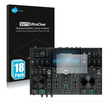 Vorderseite einer Produktverpackung mit dem Markenlogo Savvies. Daneben ist das Gerät Denon DJ Prime Go mit dem zugehörigen Di