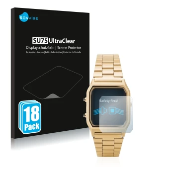 Vorderseite einer Produktverpackung mit dem Markenlogo Savvies. Daneben ist das Gerät Casio AQ-230GA mit dem zugehörigen Displ