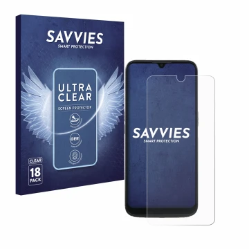Vorderseite einer Produktverpackung mit dem Markenlogo Savvies. Daneben ist das Gerät Doro 8100 mit dem zugehörigen Displaysch