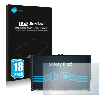 Vorderseite einer Produktverpackung mit dem Markenlogo Savvies. Daneben ist das Gerät M.I.C. AV9V2 mit dem zugehörigen Display