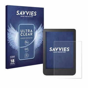 Vorderseite einer Produktverpackung mit dem Markenlogo Savvies. Daneben ist das Gerät Kobo Clara 2E mit dem zugehörigen Displa