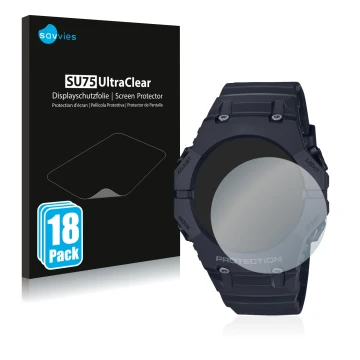 Vorderseite einer Produktverpackung mit dem Markenlogo Savvies. Daneben ist das Gerät Casio G-Shock GA-B001 mit dem zugehörige