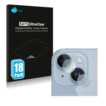 Vorderseite einer Produktverpackung mit dem Markenlogo Savvies. Daneben ist das Gerät Apple iPhone 14 (NUR Kameraschutz) mit d