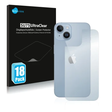 Vorderseite einer Produktverpackung mit dem Markenlogo Savvies. Daneben ist das Gerät Apple iPhone 14 (Rückseite) mit dem zuge