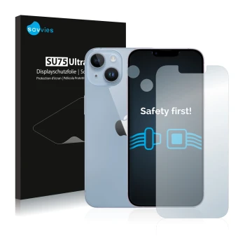 Vorderseite einer Produktverpackung mit dem Markenlogo Savvies. Daneben ist das Gerät Apple iPhone 14 (Display+Kamera) mit dem