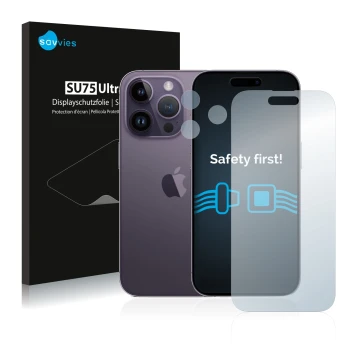 Vorderseite einer Produktverpackung mit dem Markenlogo Savvies. Daneben ist das Gerät Apple iPhone 14 Pro (Display+Kamera) mit