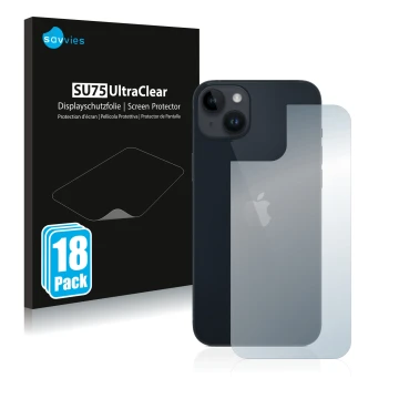 Vorderseite einer Produktverpackung mit dem Markenlogo Savvies. Daneben ist das Gerät Apple iPhone 14 Plus (Rückseite) mit dem