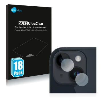 Vorderseite einer Produktverpackung mit dem Markenlogo Savvies. Daneben ist das Gerät Apple iPhone 14 Plus (NUR Kameraschutz) 
