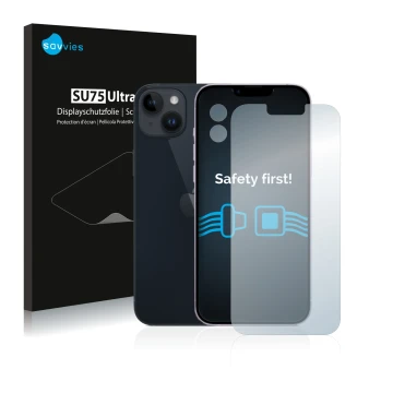 Vorderseite einer Produktverpackung mit dem Markenlogo Savvies. Daneben ist das Gerät Apple iPhone 14 Plus (Display+Kamera) mi