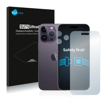 Vorderseite einer Produktverpackung mit dem Markenlogo Savvies. Daneben ist das Gerät Apple iPhone 14 Pro Max (Display+Kamera)